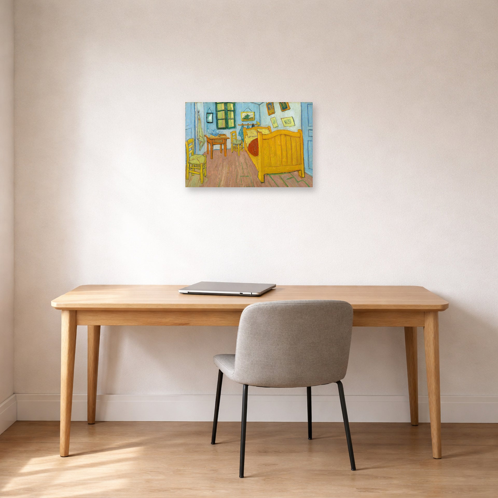 Unframed poster print of Vincent van Gogh's The Bedroom displayed on a wall in a bedroom