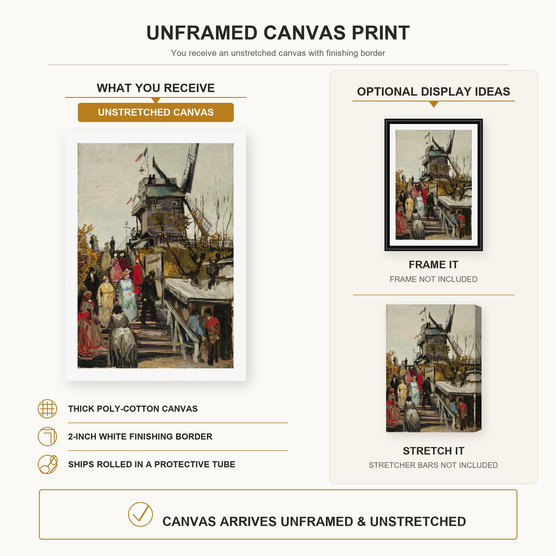 Vincent van Gogh - The Blute Fin Windmill canvas print size comparison and framing display infographic