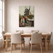 Gallery-wrapped canvas print of Vincent van Gogh's The Blute Fin Windmill displayed on a wall in a dining room