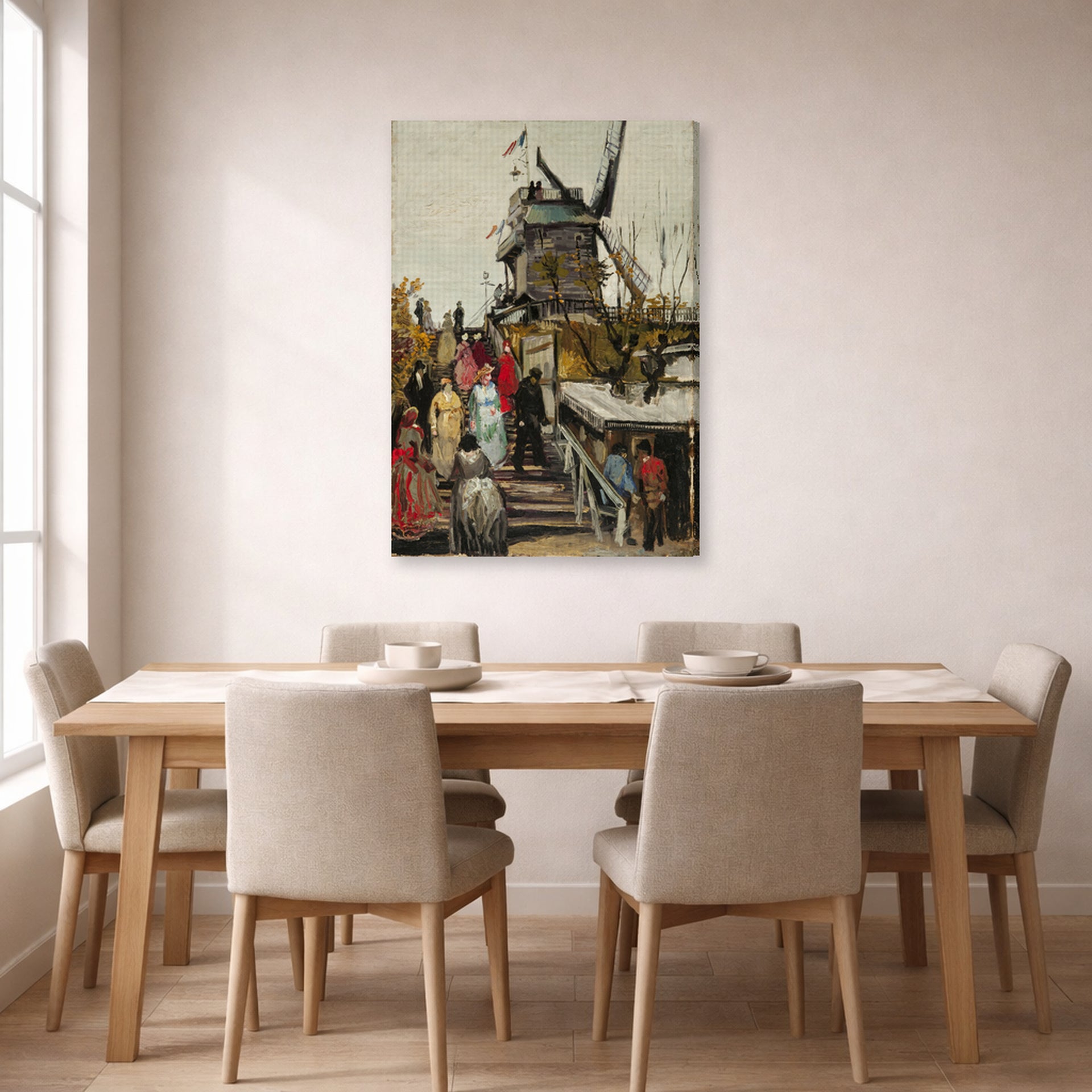 Gallery-wrapped canvas print of Vincent van Gogh's The Blute Fin Windmill displayed on a wall in a dining room