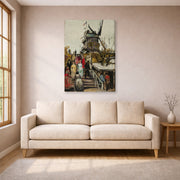 Gallery-wrapped canvas print of Vincent van Gogh's The Blute Fin Windmill displayed on a wall in a living room