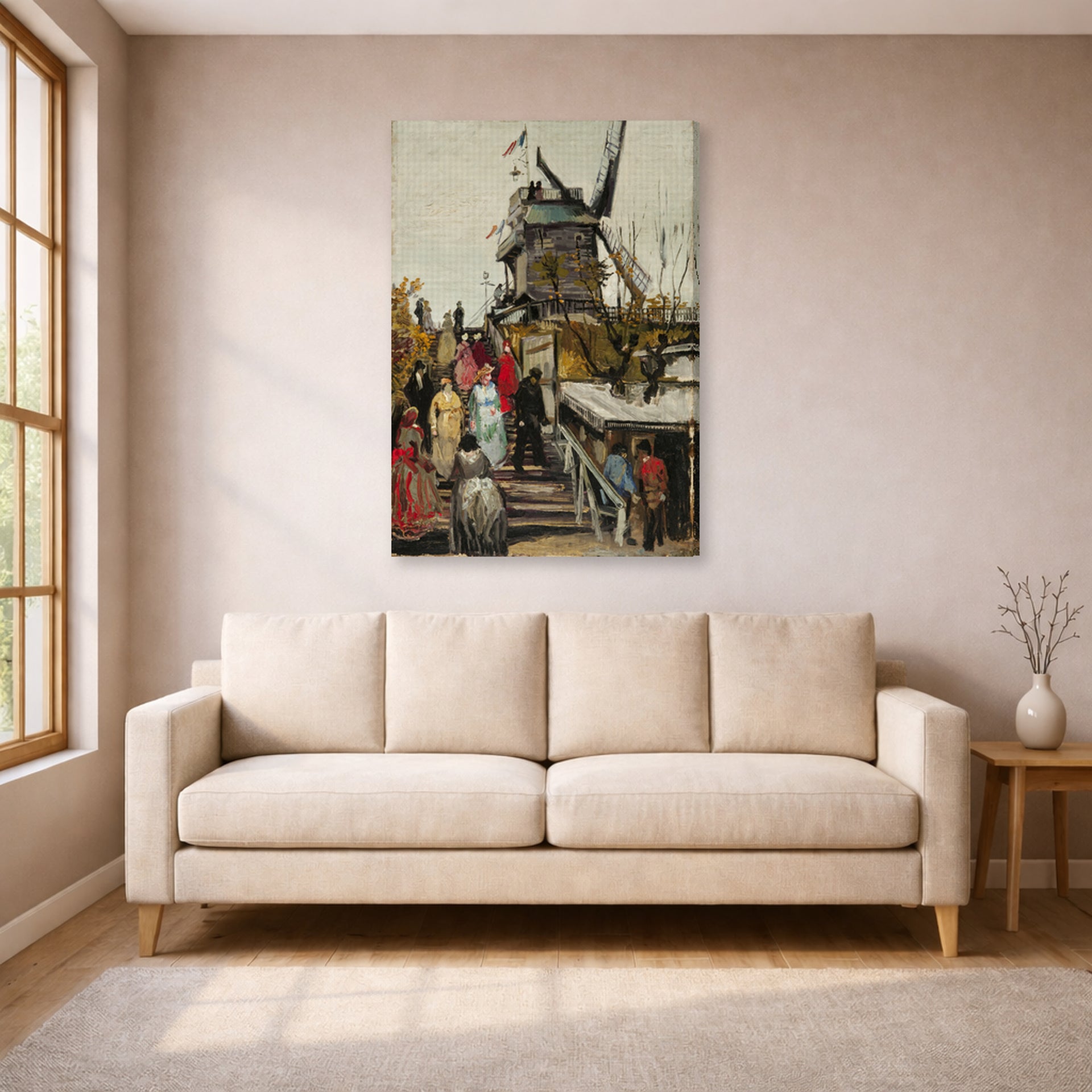 Gallery-wrapped canvas print of Vincent van Gogh's The Blute Fin Windmill displayed on a wall in a living room