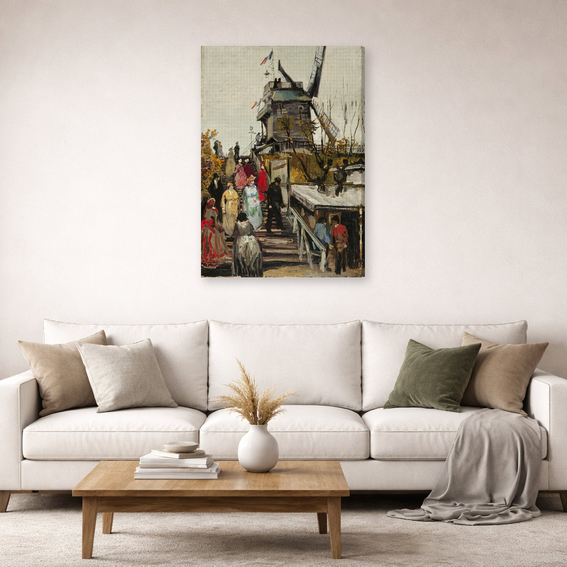Gallery-wrapped canvas print of Vincent van Gogh's The Blute Fin Windmill displayed on a wall in a living room