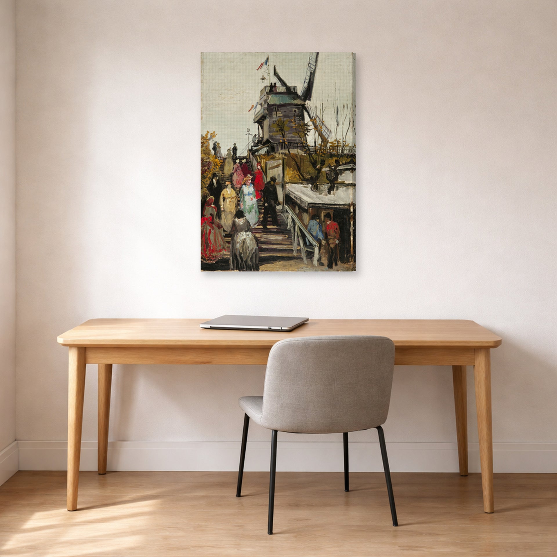 Gallery-wrapped canvas print of Vincent van Gogh's The Blute Fin Windmill displayed on a wall in a home office
