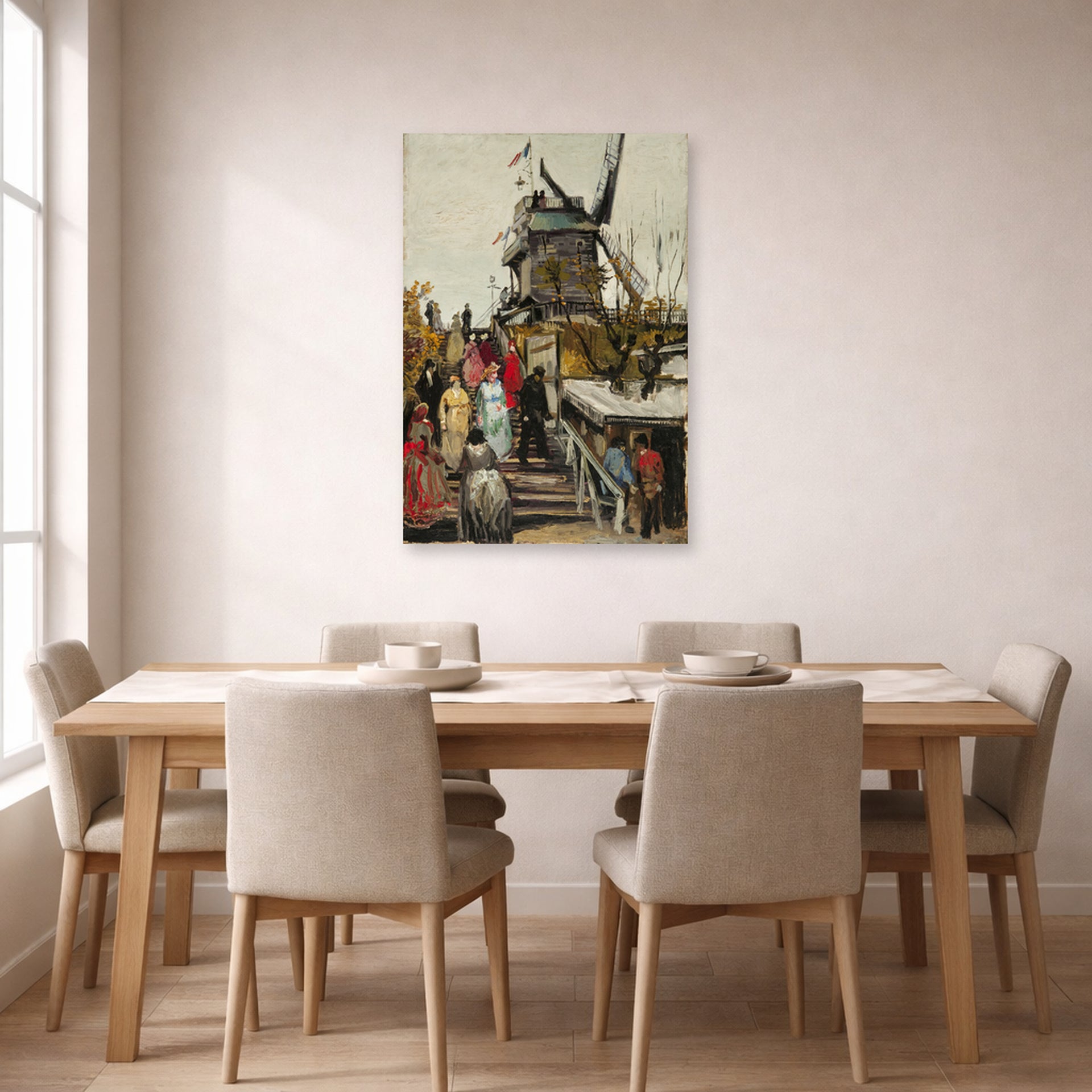 Unframed poster print of Vincent van Gogh's The Blute Fin Windmill displayed on a wall in a dining room