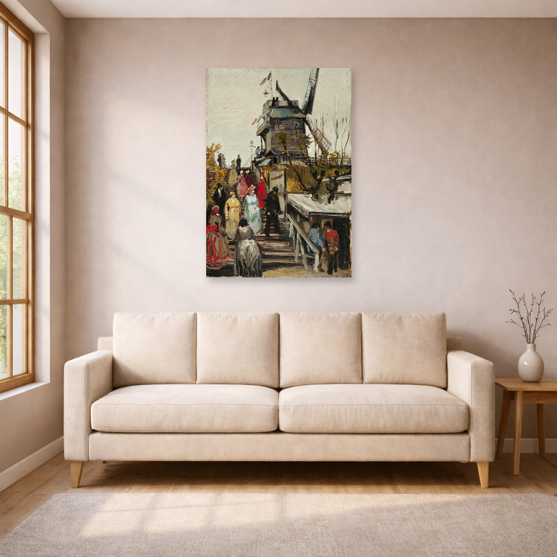 Unframed poster print of Vincent van Gogh's The Blute Fin Windmill displayed on a wall in a living room