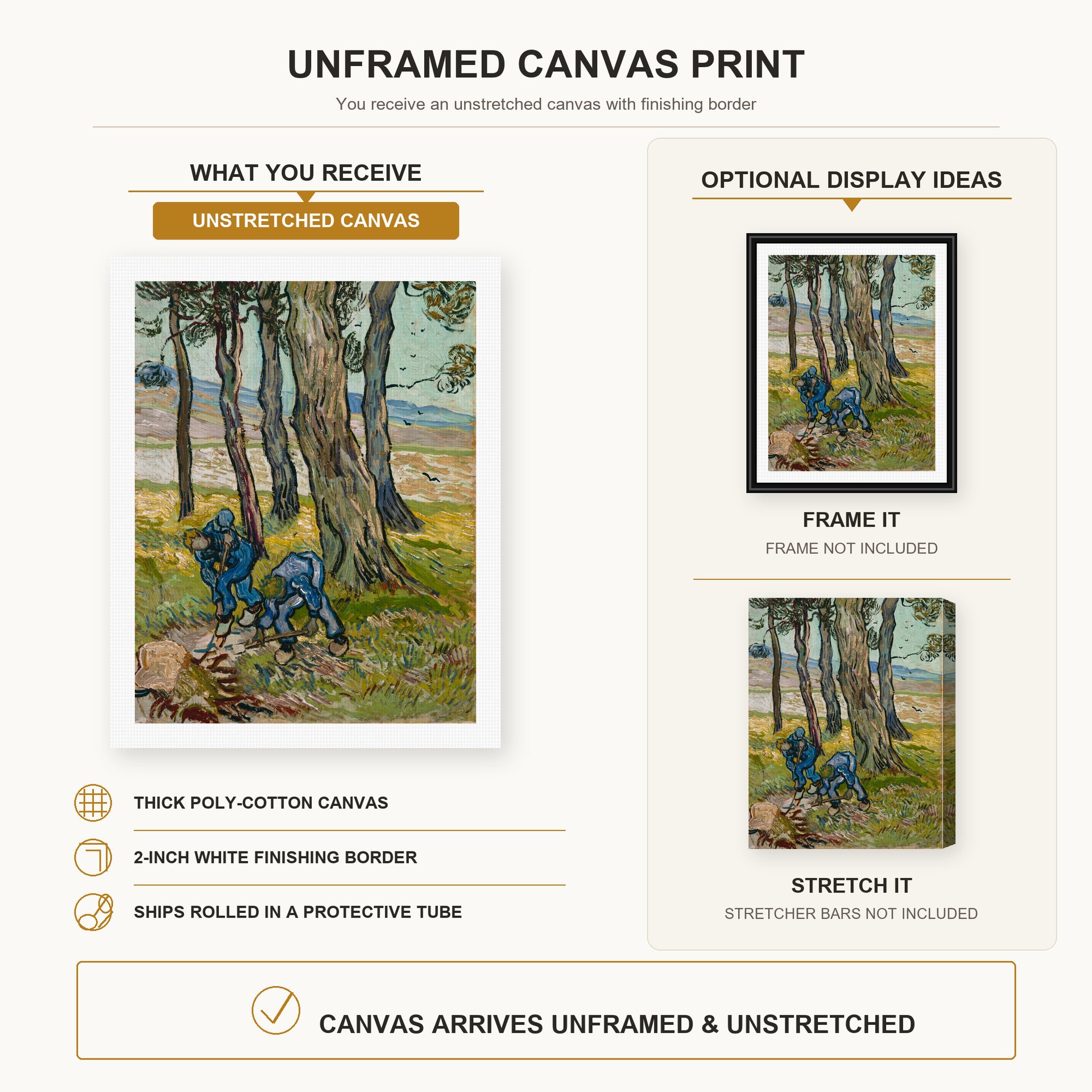 Vincent van Gogh - The Diggers canvas print size comparison and framing display infographic