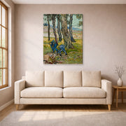 Gallery-wrapped canvas print of Vincent van Gogh's The Diggers displayed on a wall in a living room