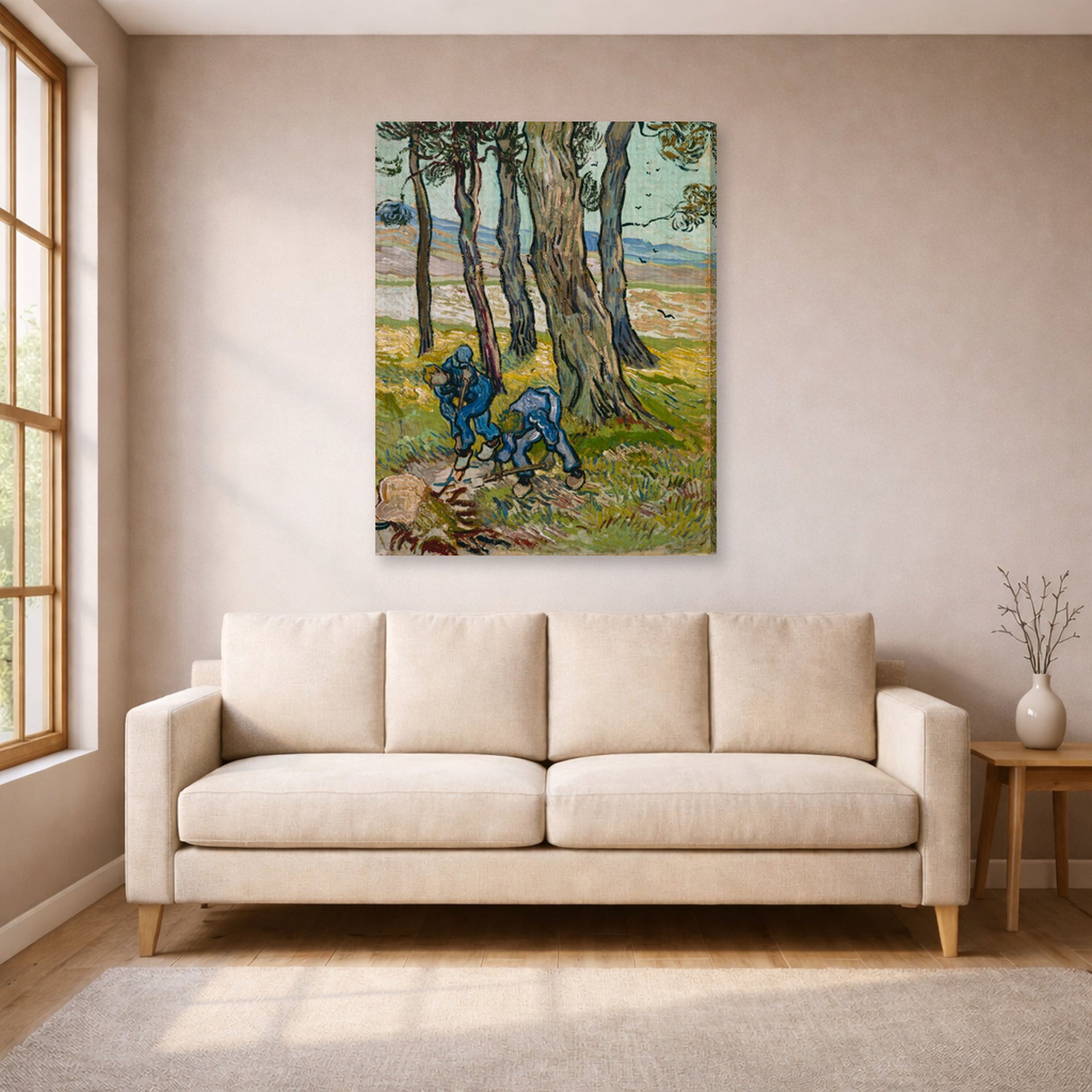 Gallery-wrapped canvas print of Vincent van Gogh's The Diggers displayed on a wall in a living room