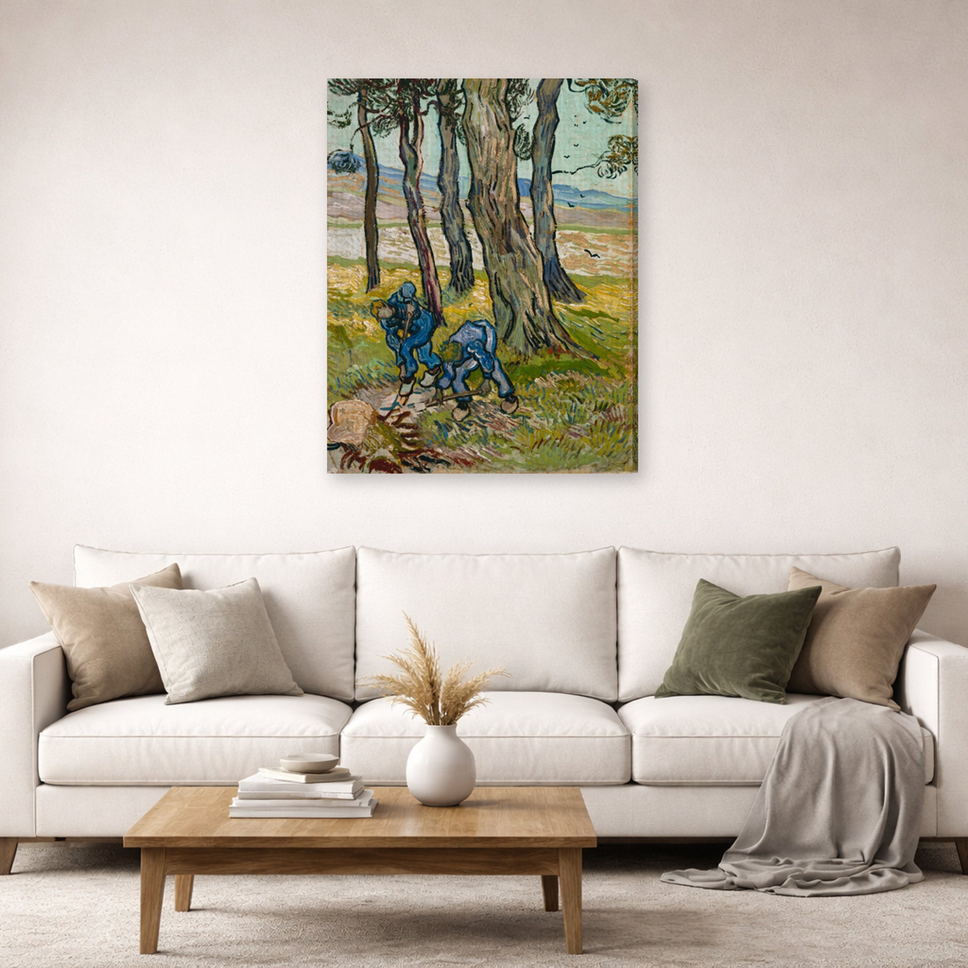 Gallery-wrapped canvas print of Vincent van Gogh's The Diggers displayed on a wall in a living room