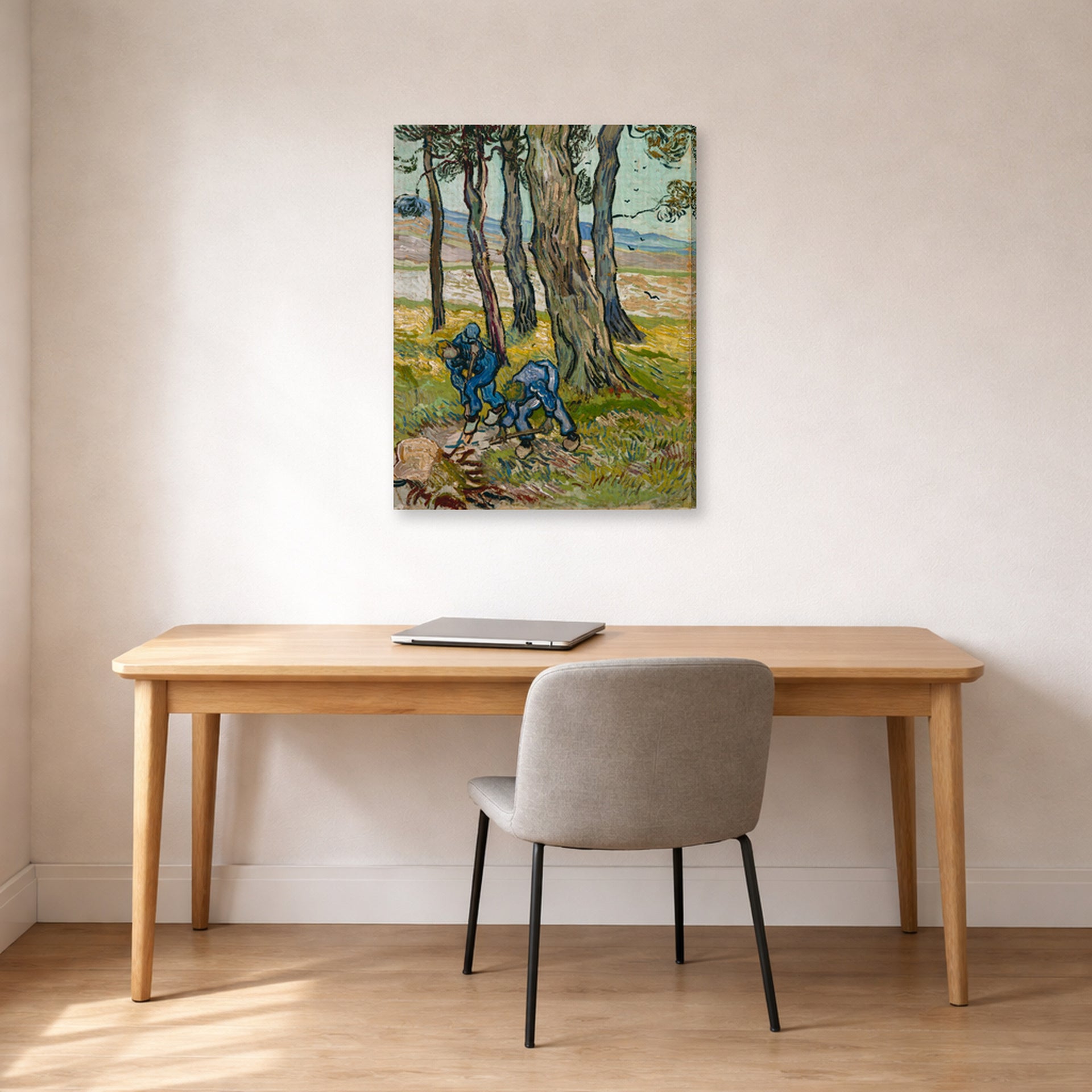 Gallery-wrapped canvas print of Vincent van Gogh's The Diggers displayed on a wall in a home office