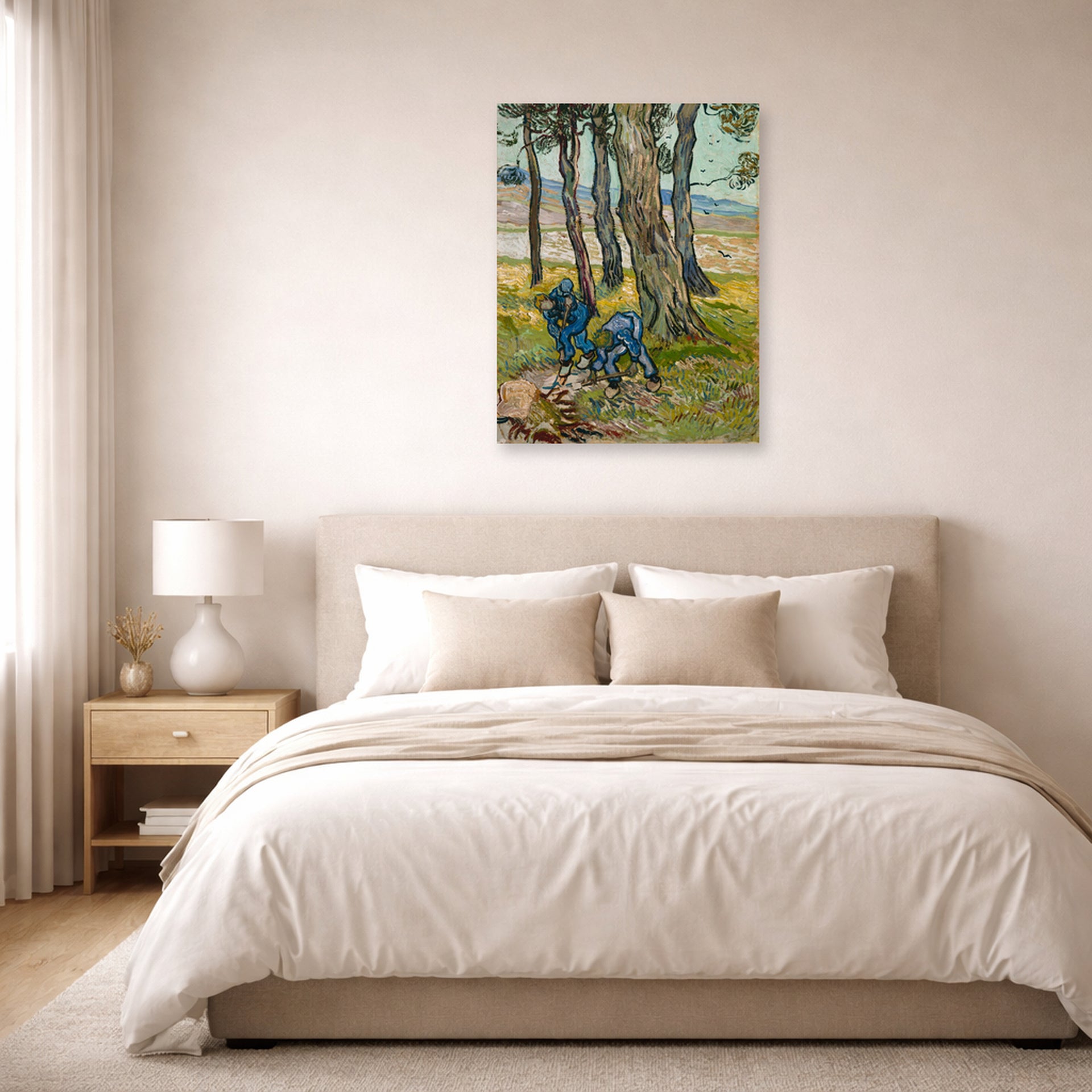 Unframed poster print of Vincent van Gogh's The Diggers displayed on a wall in a bedroom