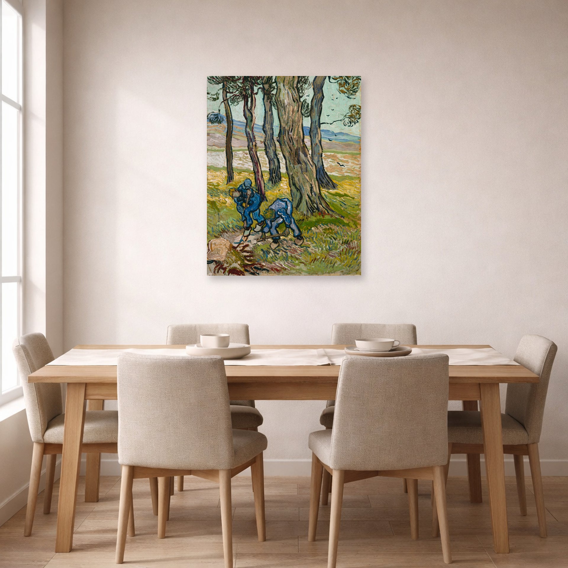 Unframed poster print of Vincent van Gogh's The Diggers displayed on a wall in a dining room