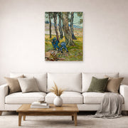 Unframed poster print of Vincent van Gogh's The Diggers displayed on a wall in a living room