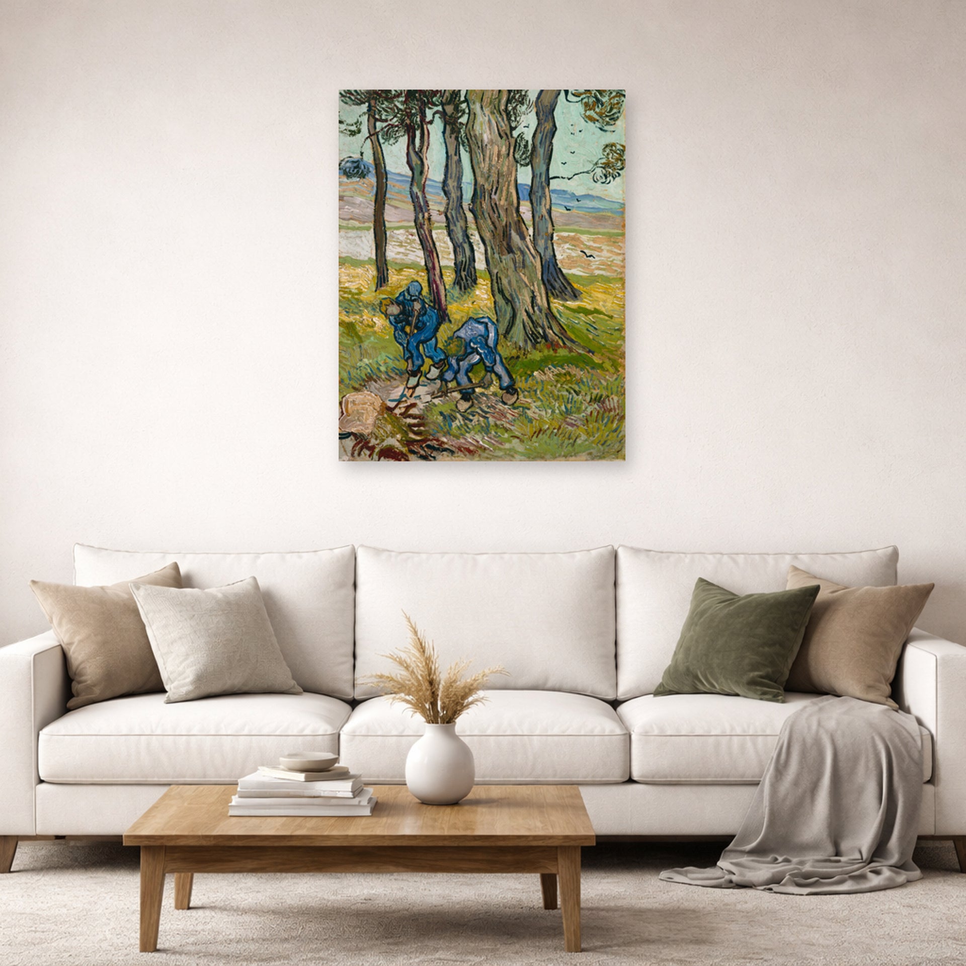 Unframed poster print of Vincent van Gogh's The Diggers displayed on a wall in a living room