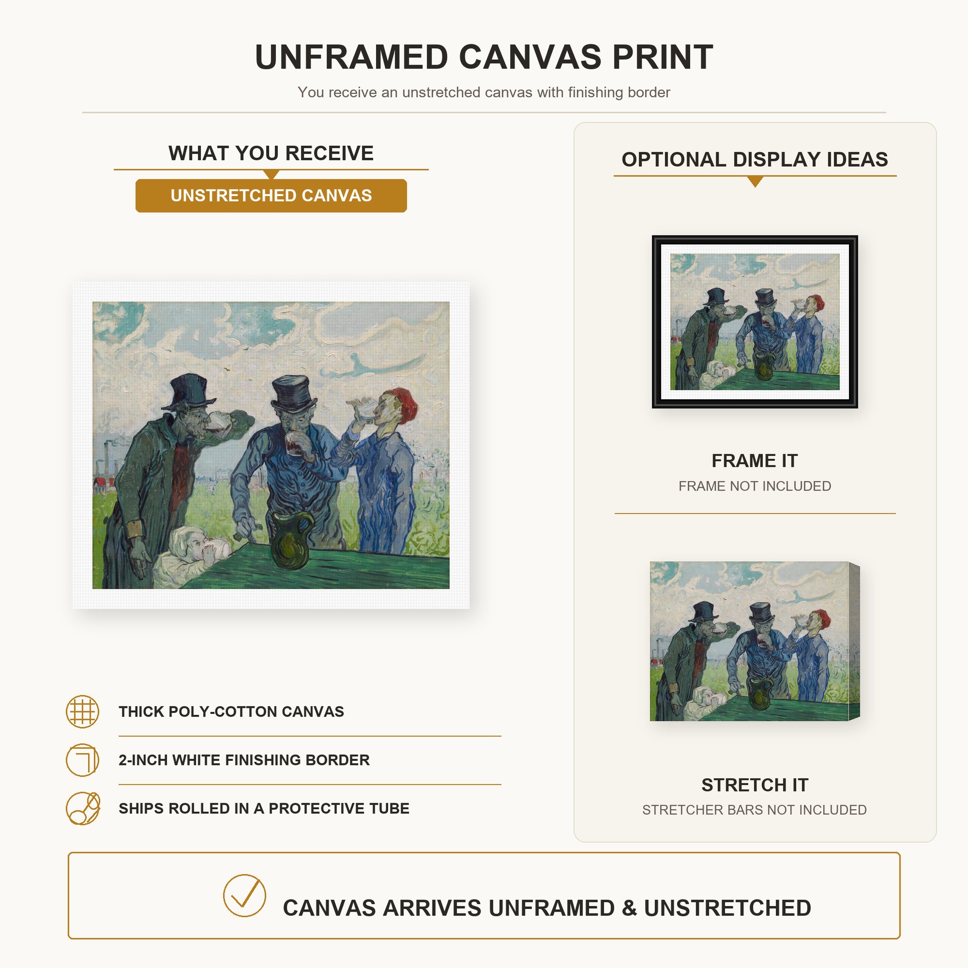 Vincent van Gogh - The Drinkers canvas print size comparison and framing display infographic