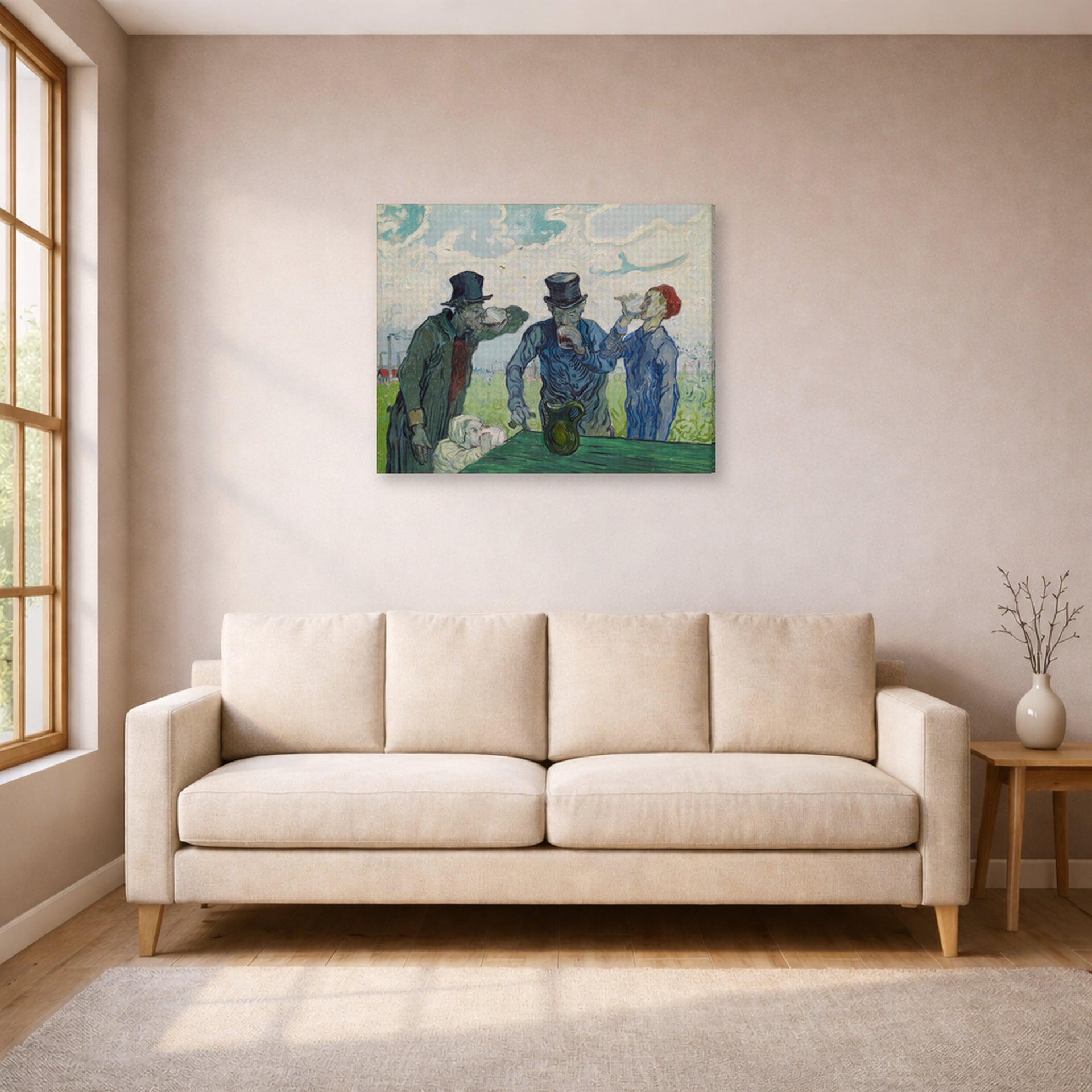 Gallery-wrapped canvas print of Vincent van Gogh's The Drinkers displayed on a wall in a living room