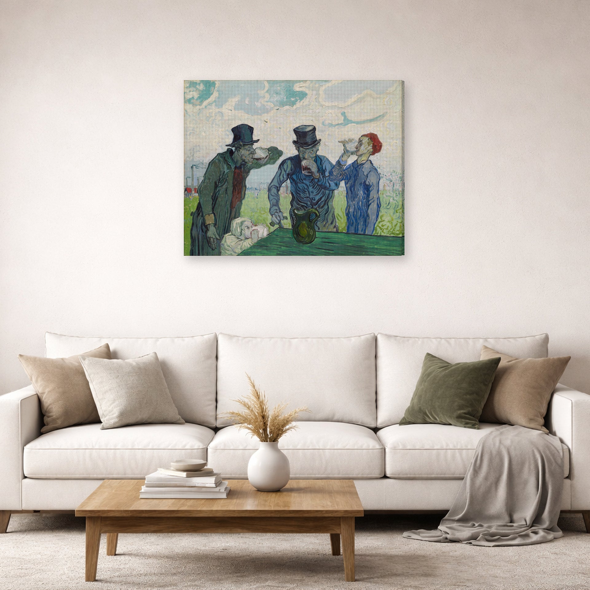 Gallery-wrapped canvas print of Vincent van Gogh's The Drinkers displayed on a wall in a living room