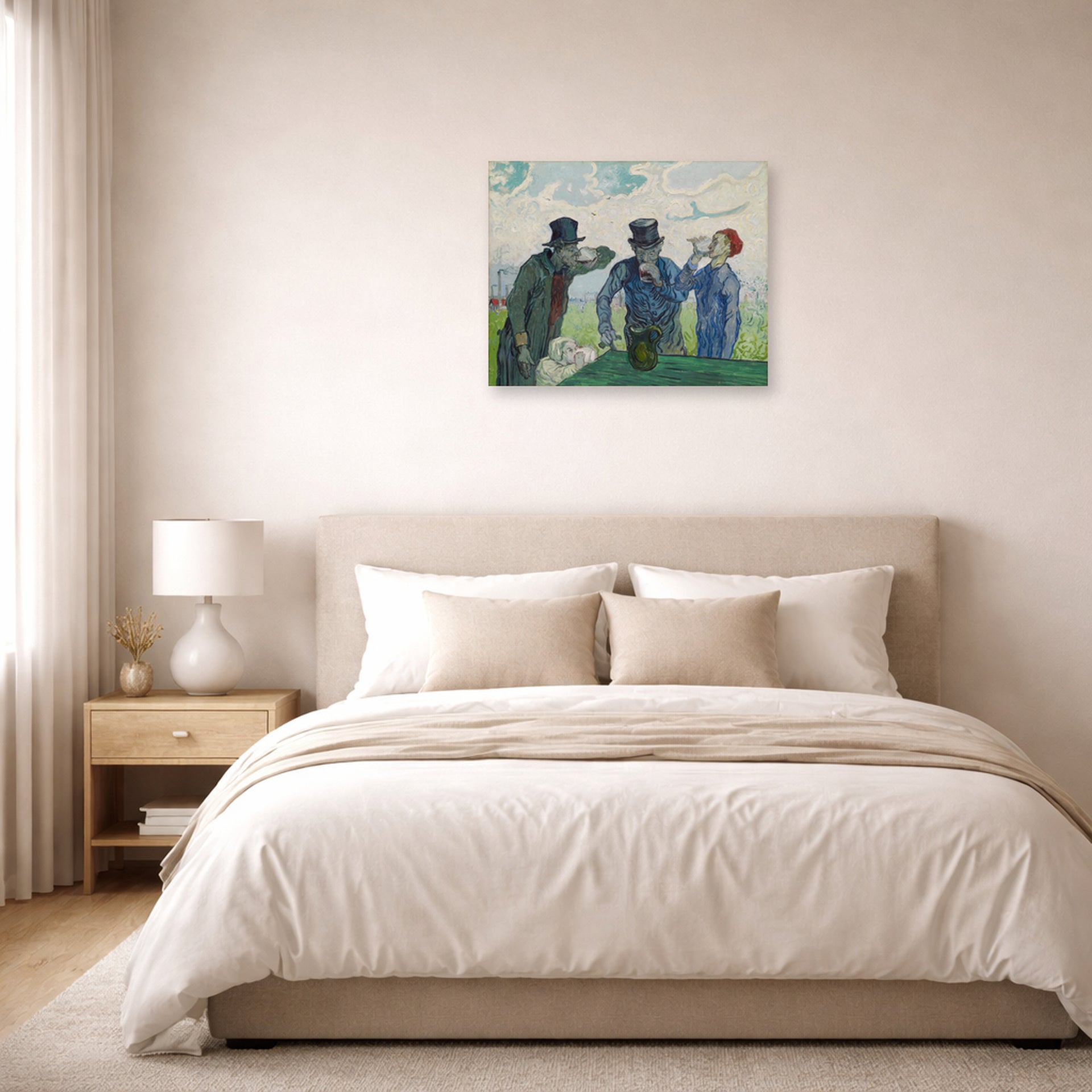 Unframed poster print of Vincent van Gogh's The Drinkers displayed on a wall in a bedroom