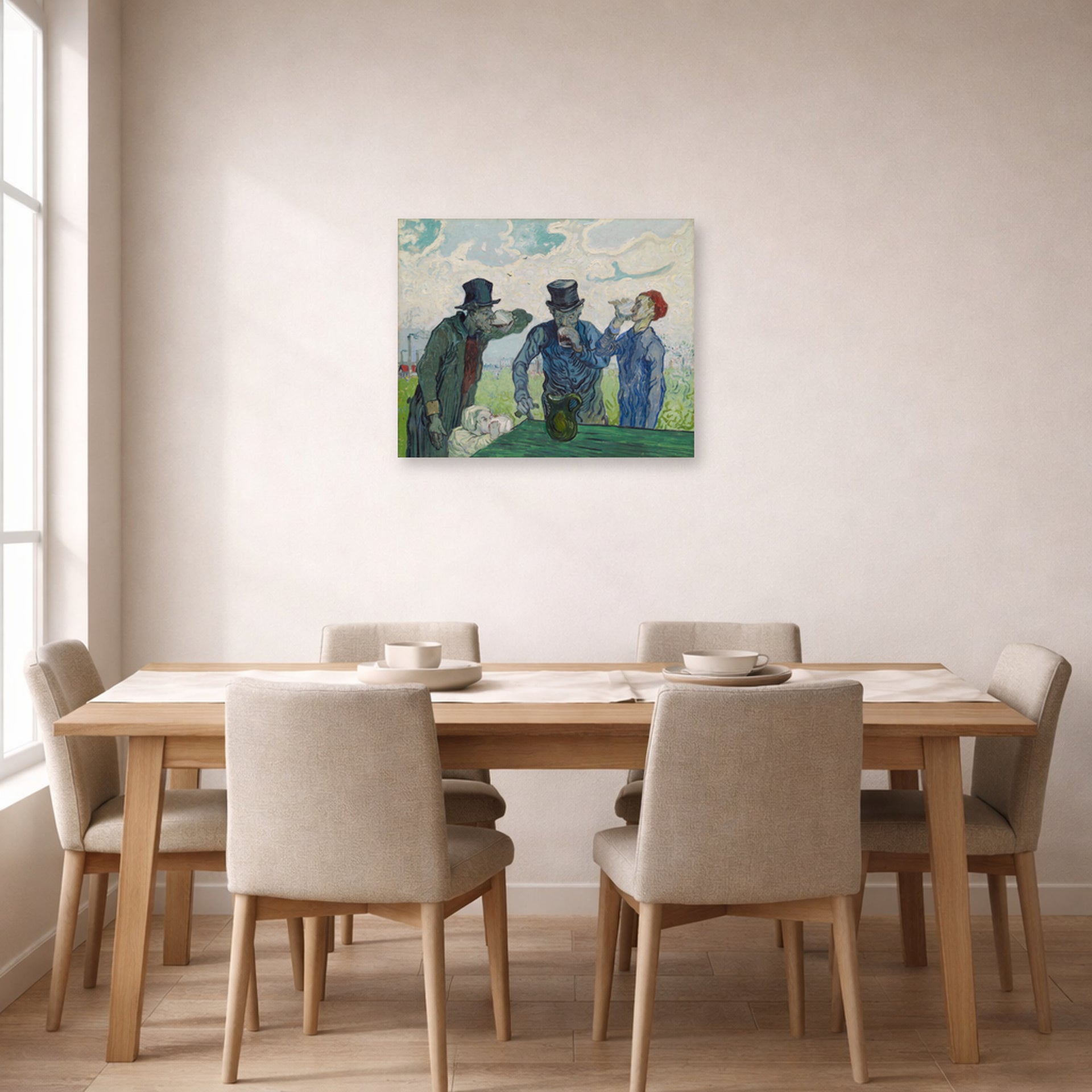 Unframed poster print of Vincent van Gogh's The Drinkers displayed on a wall in a dining room