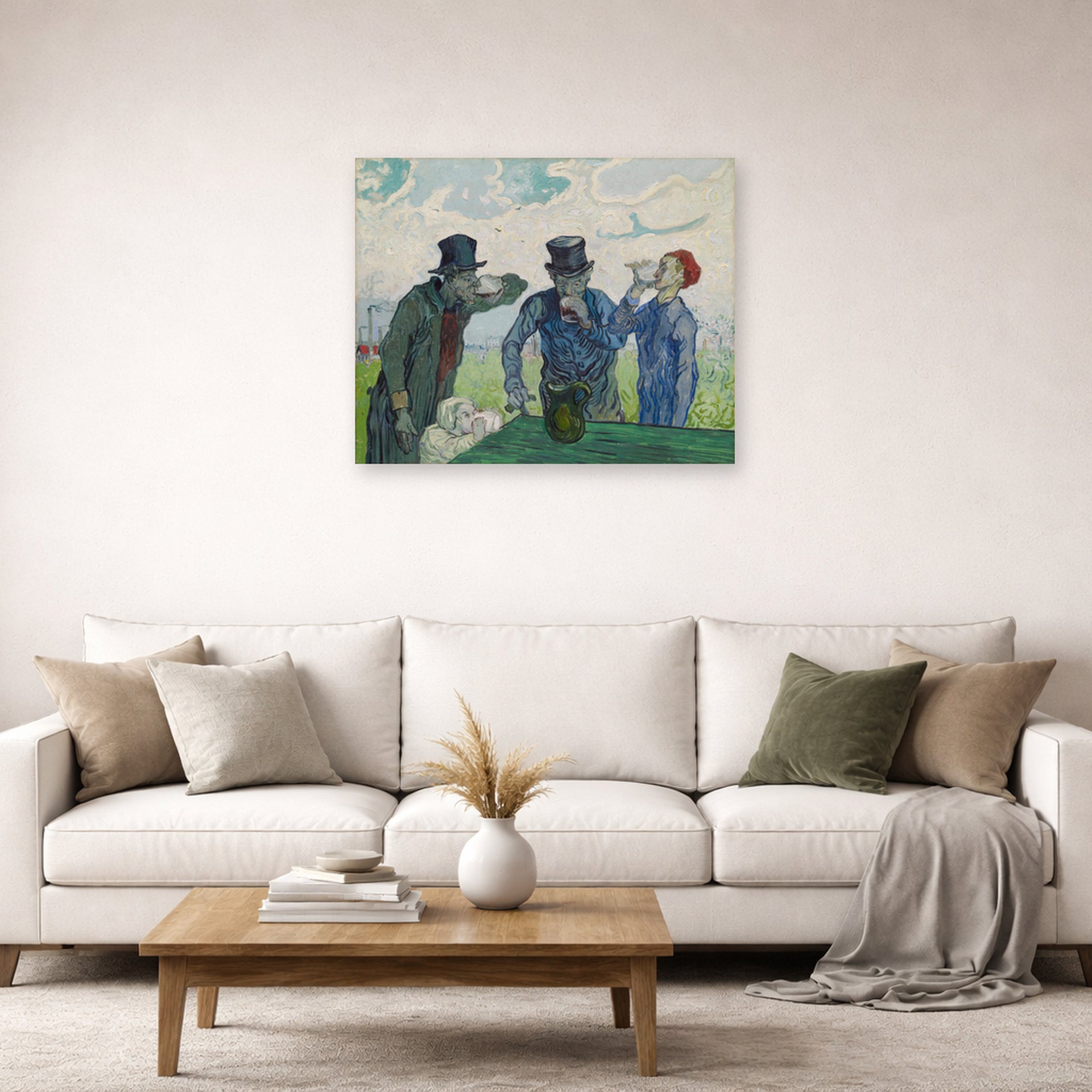 Unframed poster print of Vincent van Gogh's The Drinkers displayed on a wall in a living room