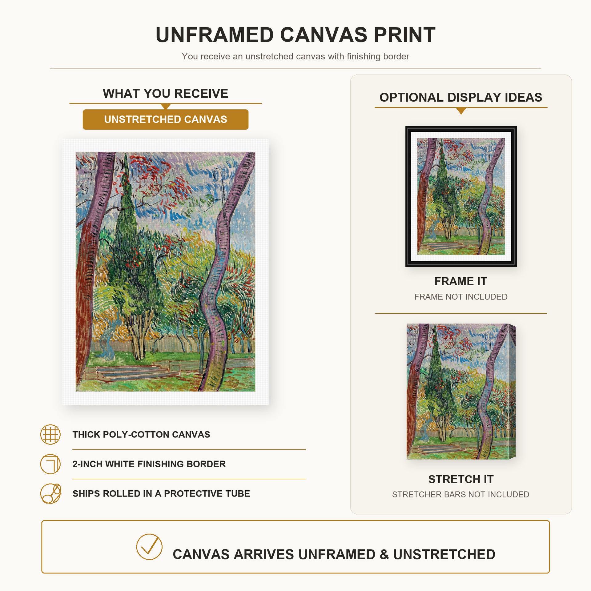 Vincent van Gogh - The Garden of Saint Paul Hospital canvas print size comparison and framing display infographic