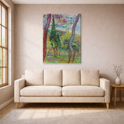 Gallery-wrapped canvas print of Vincent van Gogh's The Garden of Saint Paul Hospital displayed on a wall in a living room