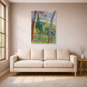 Unframed poster print of Vincent van Gogh's The Garden of Saint Paul Hospital displayed on a wall in a living room