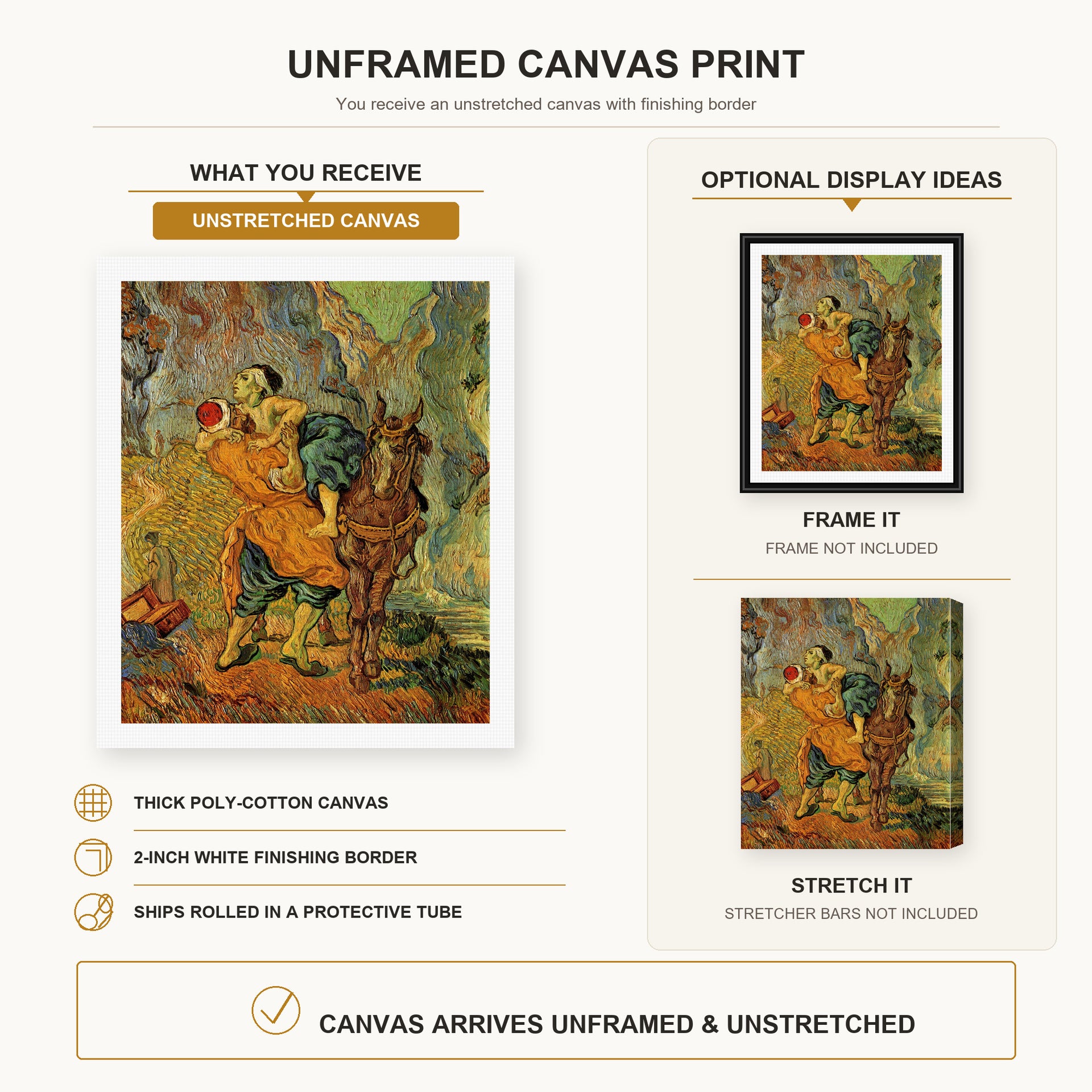 Vincent van Gogh - The Good Samaritan After Delacroix canvas print size comparison and framing display infographic