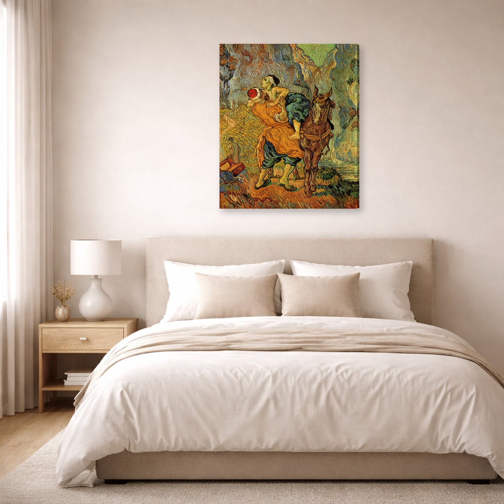 Gallery-wrapped canvas print of Vincent van Gogh's The Good Samaritan After Delacroix displayed on a wall in a bedroom