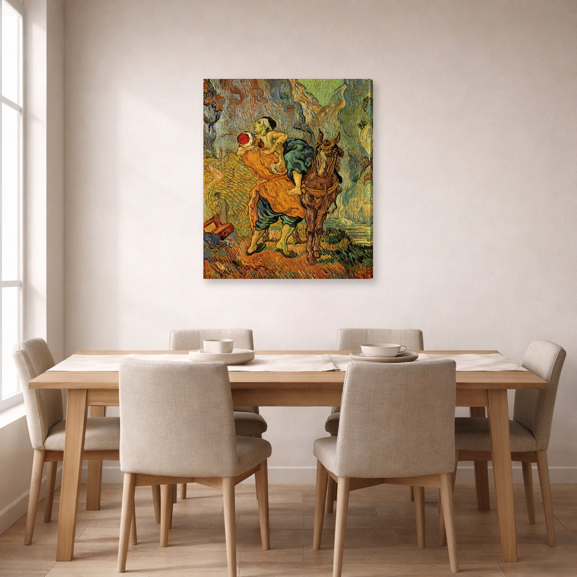 Gallery-wrapped canvas print of Vincent van Gogh's The Good Samaritan After Delacroix displayed on a wall in a dining room