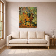 Gallery-wrapped canvas print of Vincent van Gogh's The Good Samaritan After Delacroix displayed on a wall in a living room