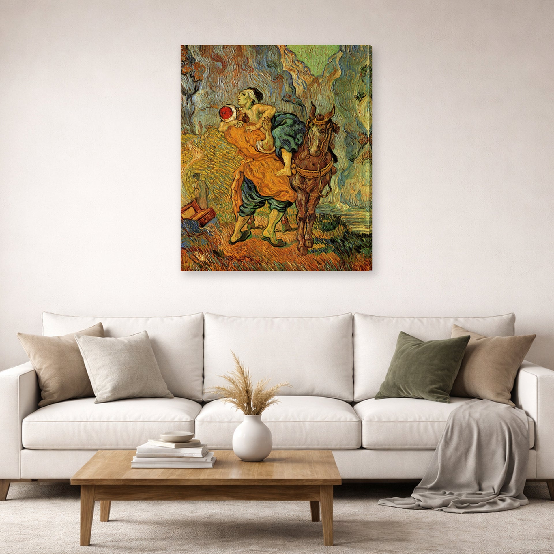 Gallery-wrapped canvas print of Vincent van Gogh's The Good Samaritan After Delacroix displayed on a wall in a living room