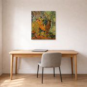 Gallery-wrapped canvas print of Vincent van Gogh's The Good Samaritan After Delacroix displayed on a wall in a home office