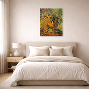 Unframed poster print of Vincent van Gogh's The Good Samaritan After Delacroix displayed on a wall in a bedroom