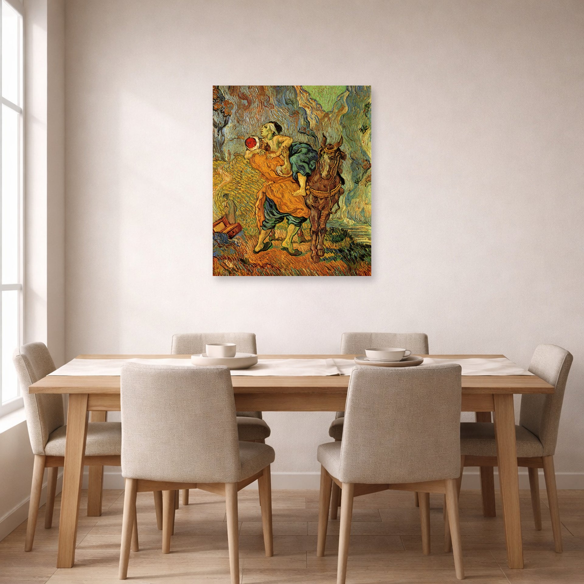 Unframed poster print of Vincent van Gogh's The Good Samaritan After Delacroix displayed on a wall in a dining room