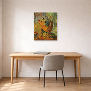 Unframed poster print of Vincent van Gogh's The Good Samaritan After Delacroix displayed on a wall in a home office