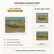 Vincent van Gogh - The Harvest canvas print size comparison and framing display infographic