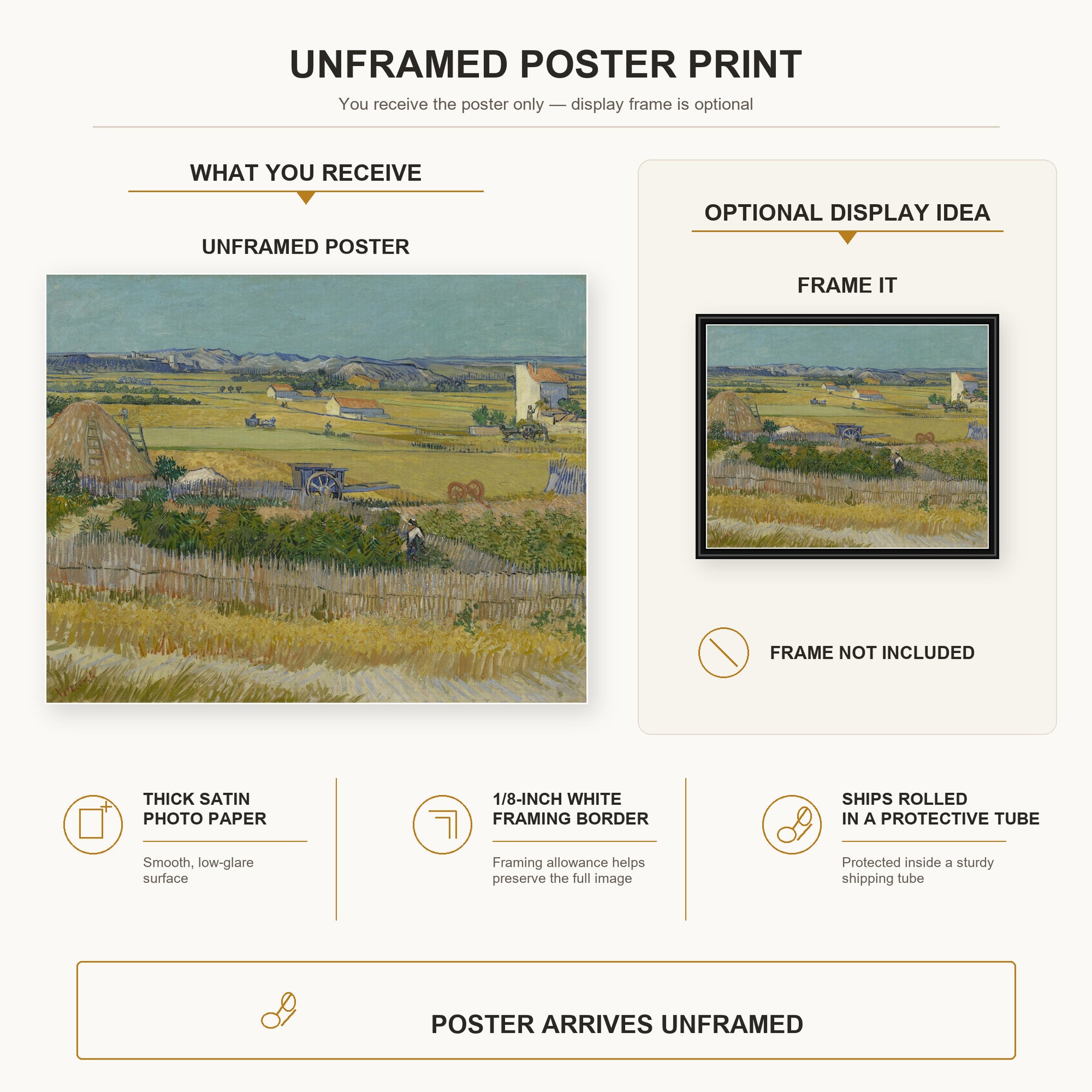 Vincent van Gogh - The Harvest poster print size comparison and framing display infographic