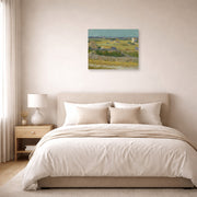 Unframed poster print of Vincent van Gogh's The Harvest displayed on a wall in a bedroom