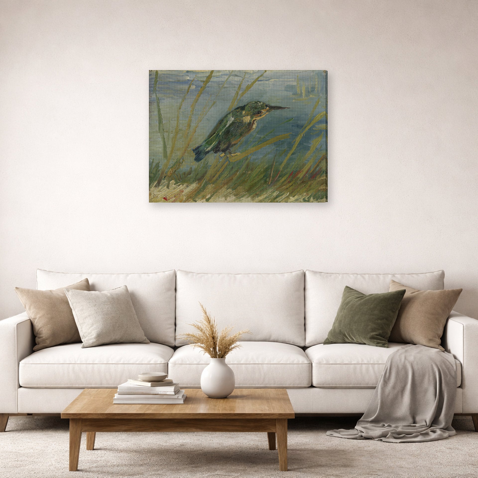 Gallery-wrapped canvas print of Vincent van Gogh's The Kingfisher displayed on a wall in a living room
