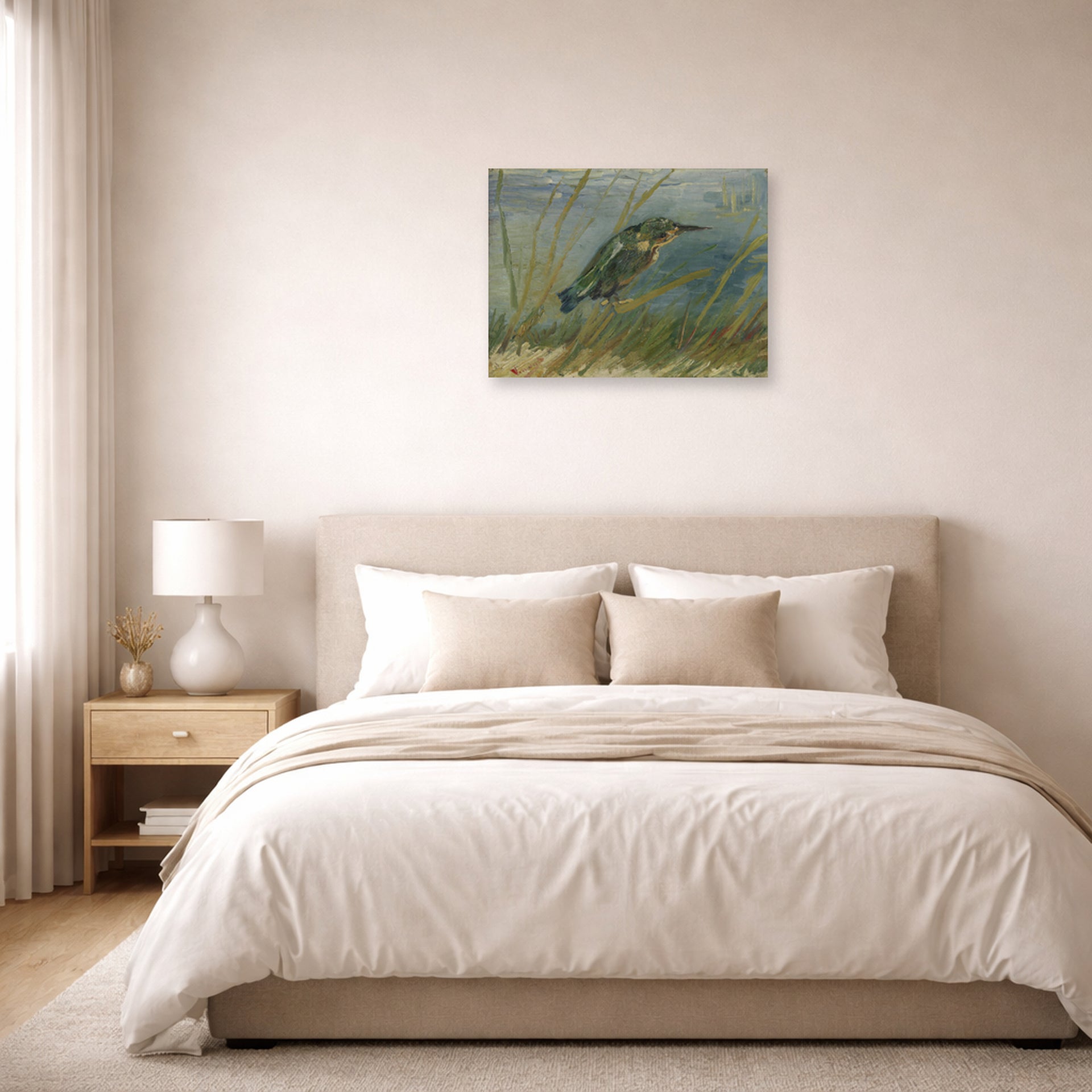 Unframed poster print of Vincent van Gogh's The Kingfisher displayed on a wall in a bedroom