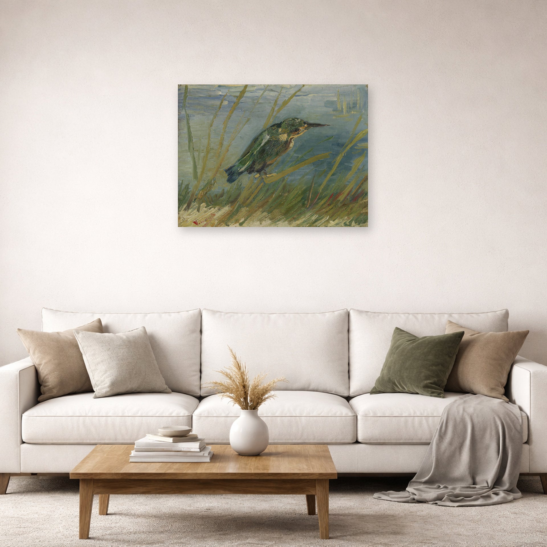 Unframed poster print of Vincent van Gogh's The Kingfisher displayed on a wall in a living room