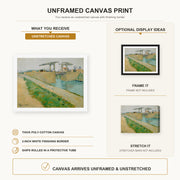 Vincent van Gogh - The Langlois Bridge canvas print size comparison and framing display infographic