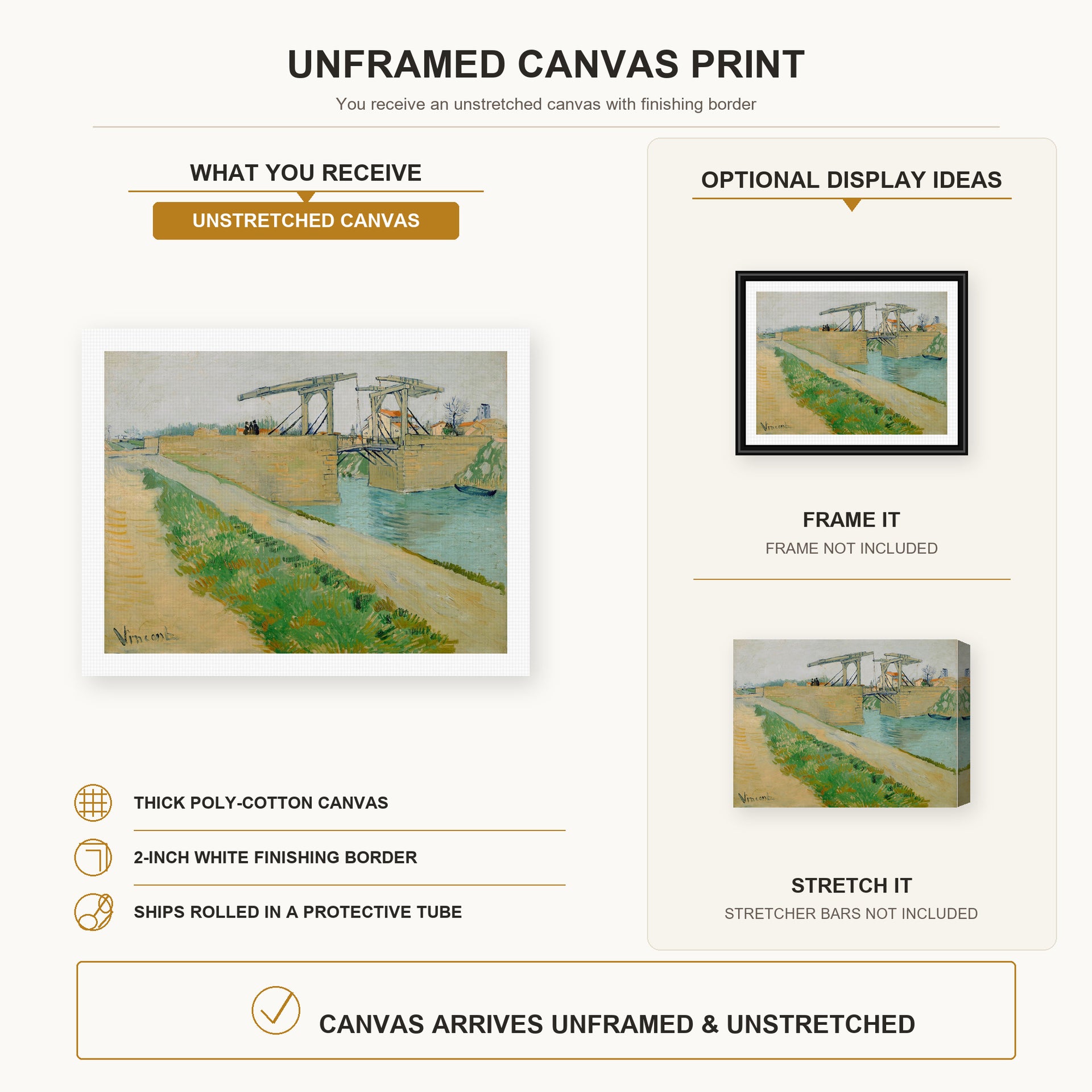 Vincent van Gogh - The Langlois Bridge canvas print size comparison and framing display infographic