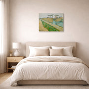 Gallery-wrapped canvas print of Vincent van Gogh's The Langlois Bridge displayed on a wall in a bedroom