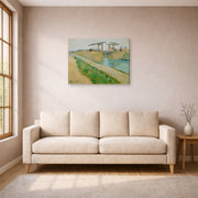 Gallery-wrapped canvas print of Vincent van Gogh's The Langlois Bridge displayed on a wall in a living room