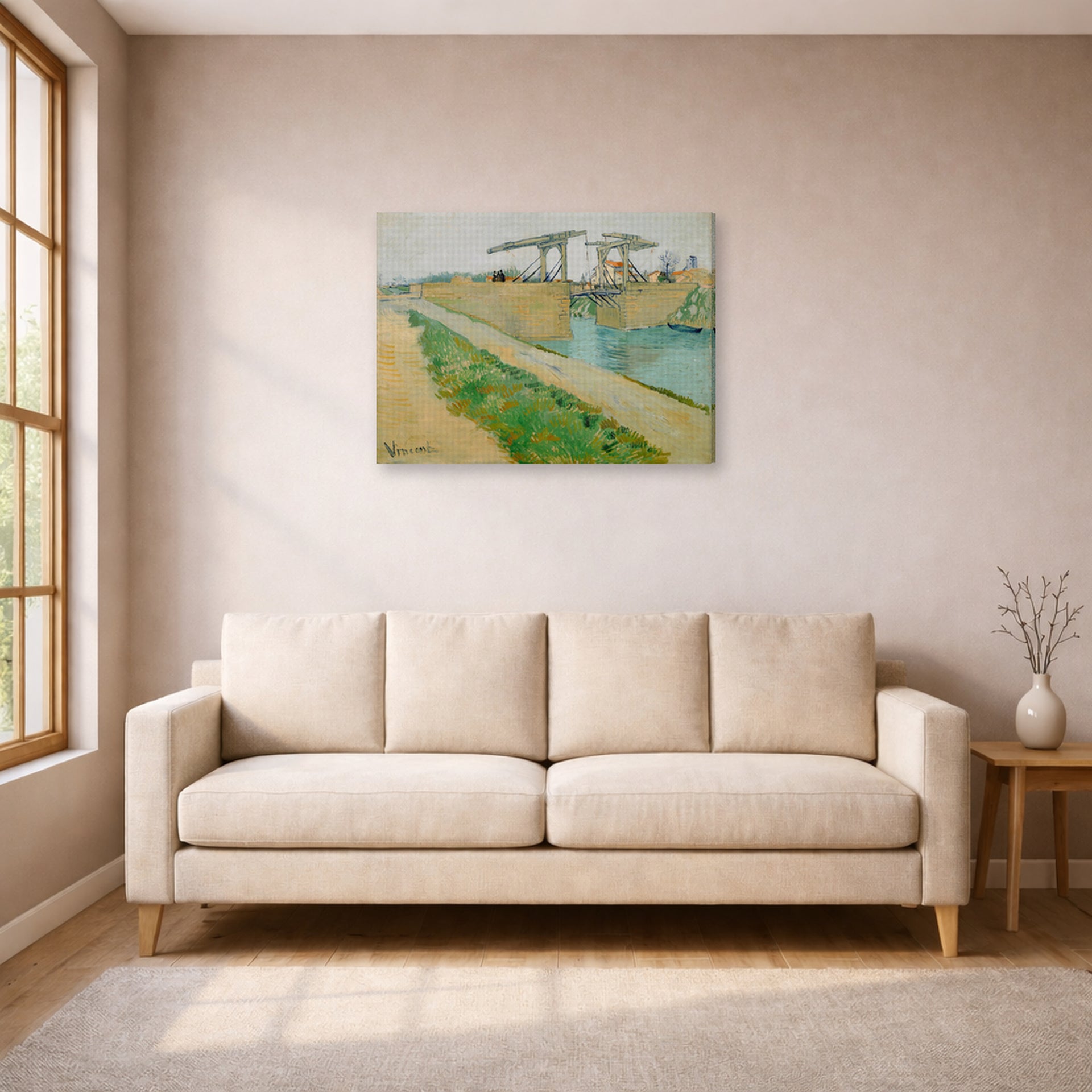 Gallery-wrapped canvas print of Vincent van Gogh's The Langlois Bridge displayed on a wall in a living room
