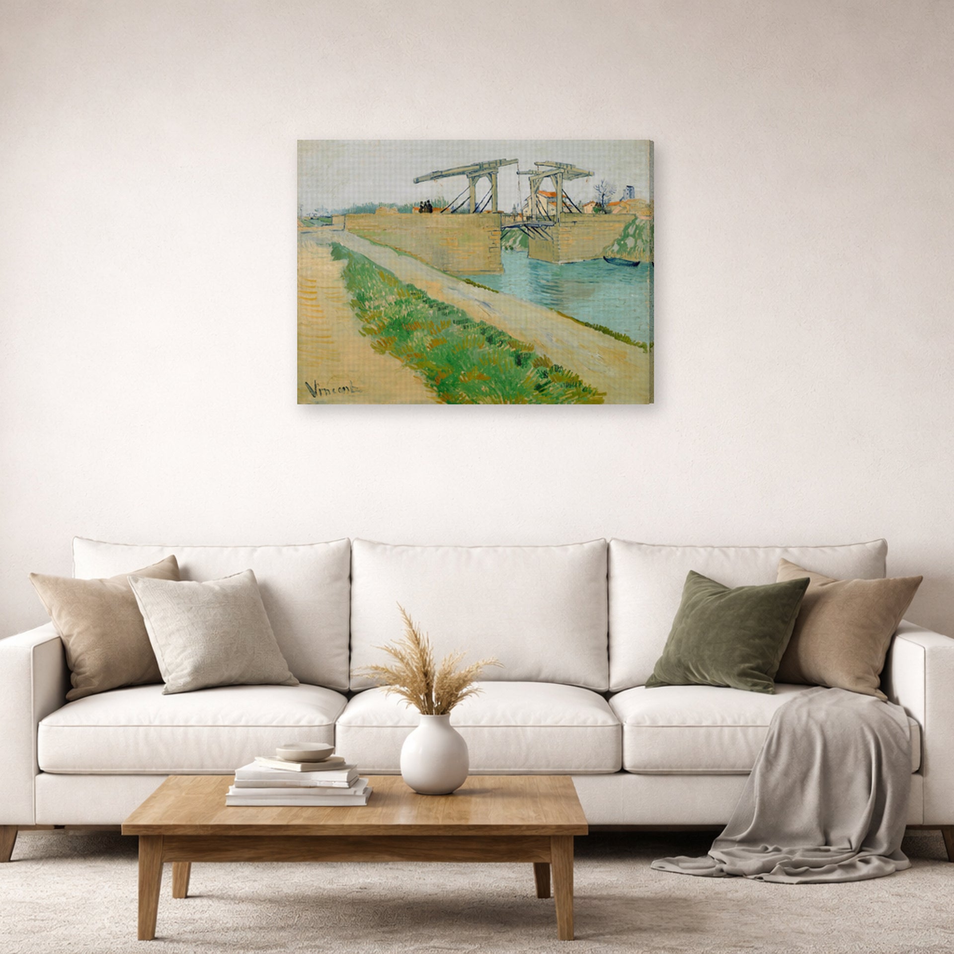 Gallery-wrapped canvas print of Vincent van Gogh's The Langlois Bridge displayed on a wall in a living room