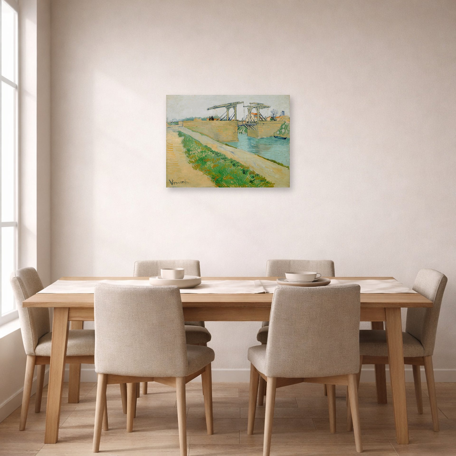 Unframed poster print of Vincent van Gogh's The Langlois Bridge displayed on a wall in a dining room